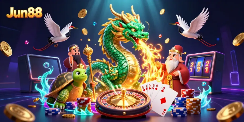 Experience the thrilling energy of Jun88 with a dynamic casino scene featuring a jade dragon and lucky symbols.