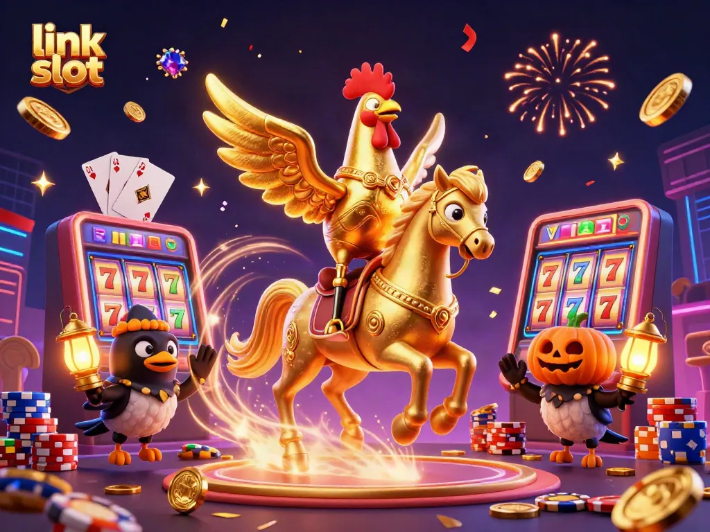 Experience excitement with link slot games featuring golden rooster and vibrant casino elements.