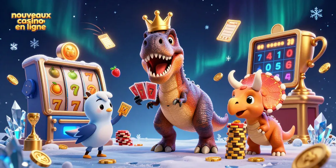 Illustration des nouveaux casinos en ligne avec un T-Rex et des jetons d'or empilés.