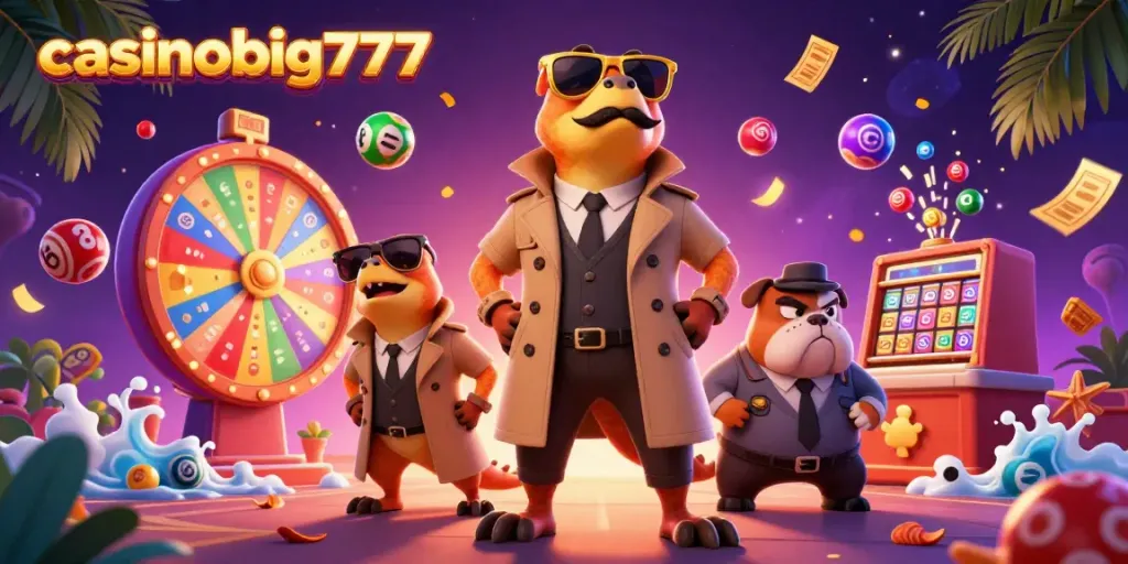 Experience the thrill of casinobig777 with vibrant raptors in a trench coat and exciting gaming elements.