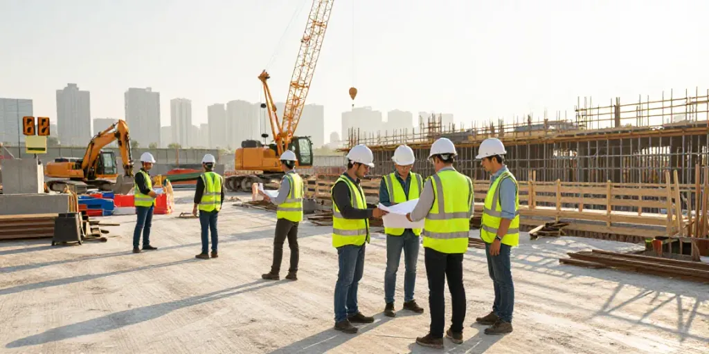 PATCO commercial construction team reviewing blueprints at a sunrise site.