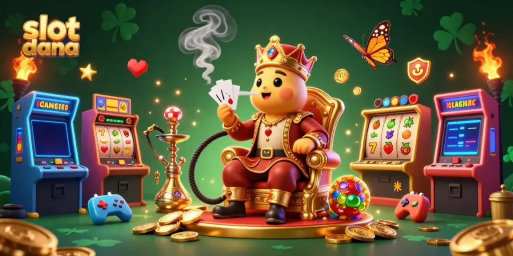 Gambar ilustrasi 3D menampilkan slot dana dengan karakter kartun dan elemen mesin slot dalam suasana yang ceria.