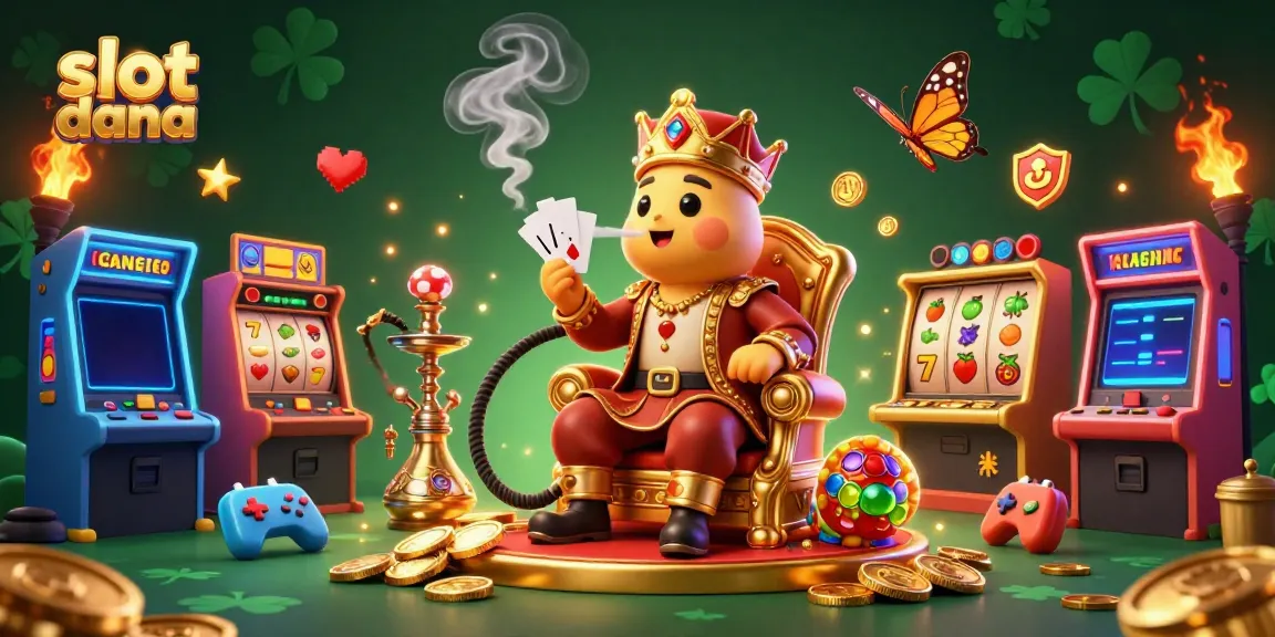 Gambar ilustrasi 3D menampilkan slot dana dengan karakter kartun dan elemen mesin slot dalam suasana yang ceria.