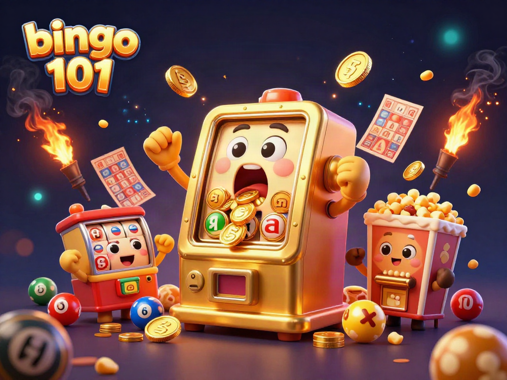 Bingo 101 menggambarkan mesin slot dan kartu bingo yang memancarkan kegembiraan dengan peluang hadiah besar.