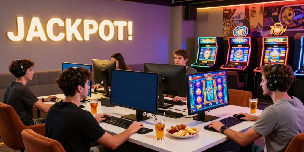 A group enjoying online สล็อต games in a vibrant setting with neon lights.