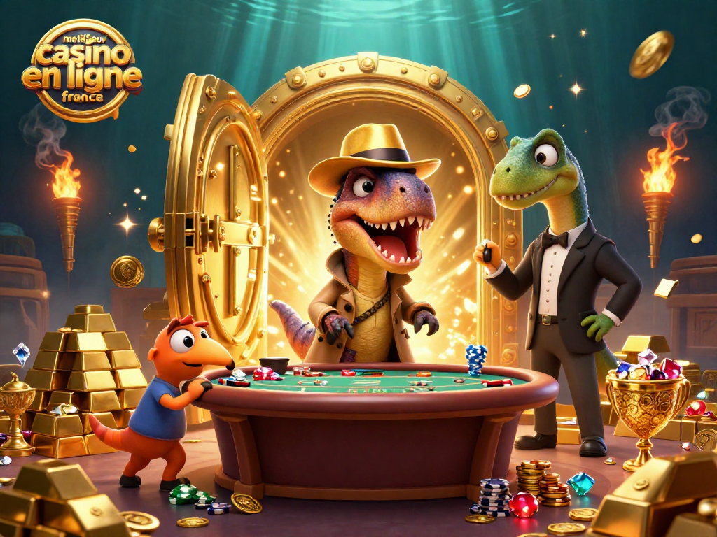 Illustration d'un meilleur casino en ligne en France avec un velociraptor au blackjack et un pit boss suspicieux.