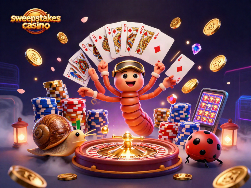 Exciting scene showcasing the sweepstakes casino with a cartoon dealer and high-roller action.