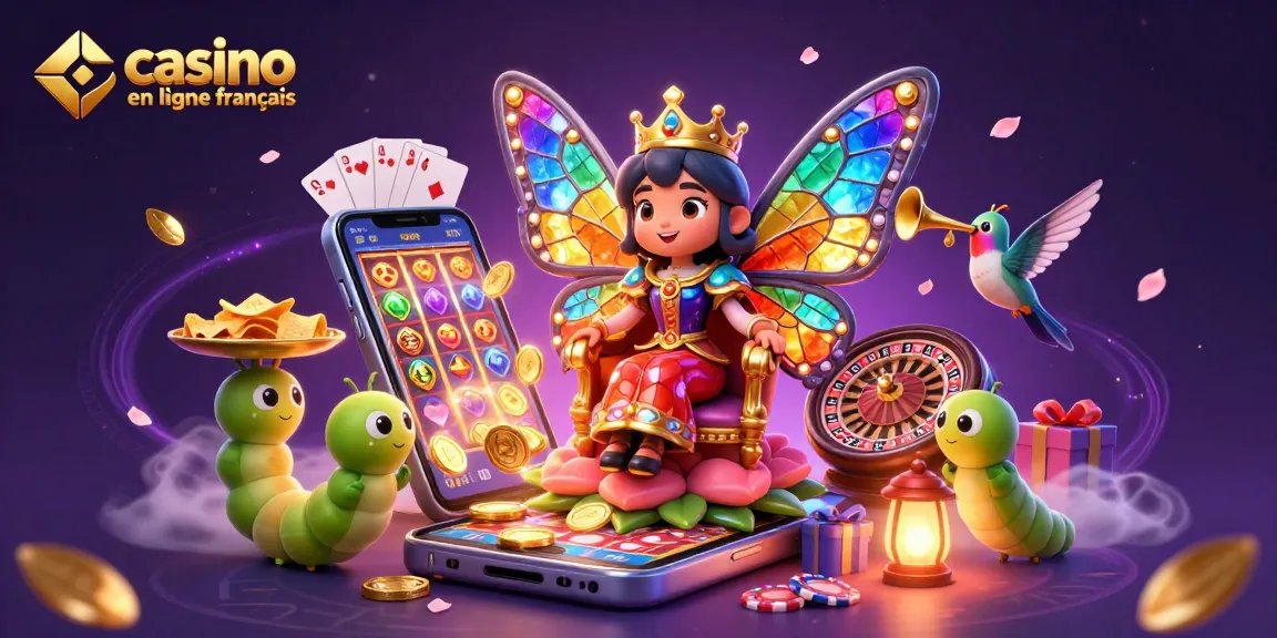 Profitez de l'animation ludique d'un casino en ligne français, où une reine papillon préside avec des jeux palpitants.