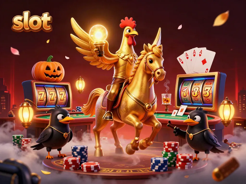 Experience the thrill of slot machines with a golden rooster and crow companions in a mystical casino.