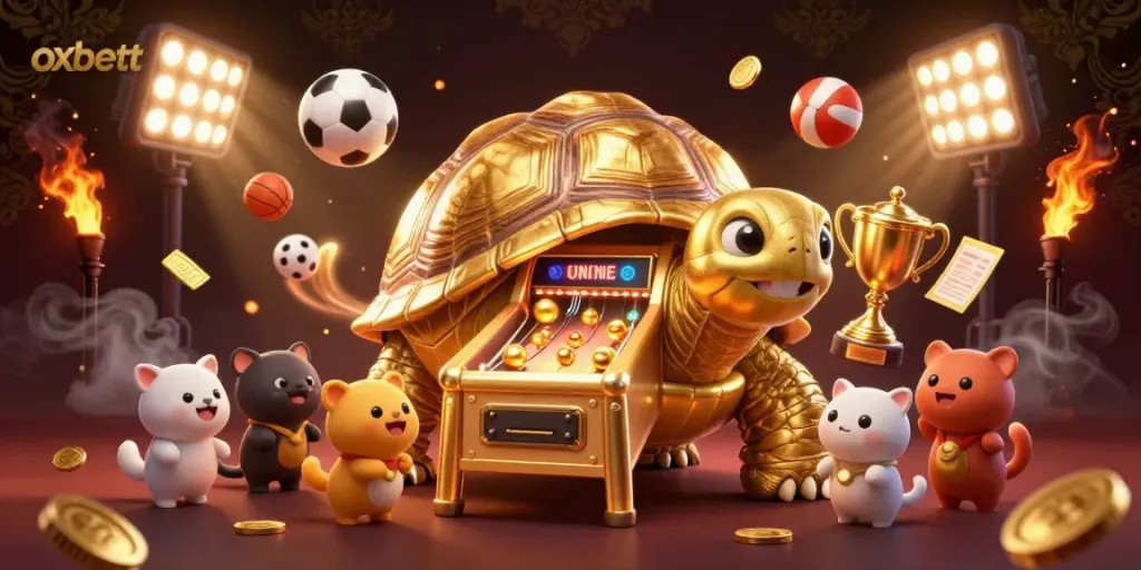 Play exciting games at oxbett with golden coins and dynamic sports elements in a vibrant digital illustration.