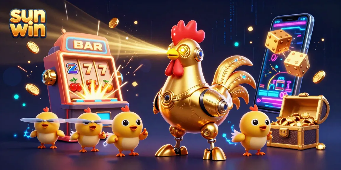 Experience the thrill at sun win with a 3D golden rooster robot and colorful slot machine explosion.