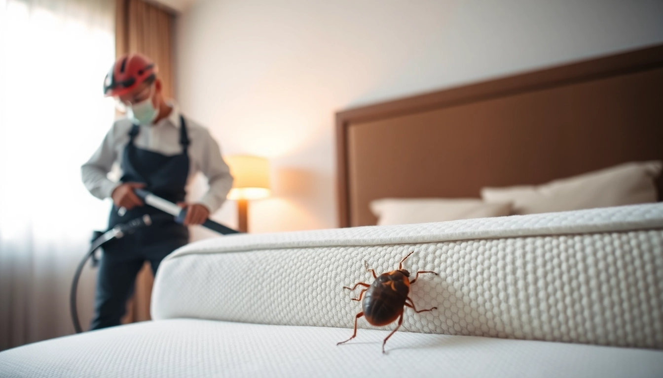 Bed bug pest control technician inspecting a bed for effective treatment.