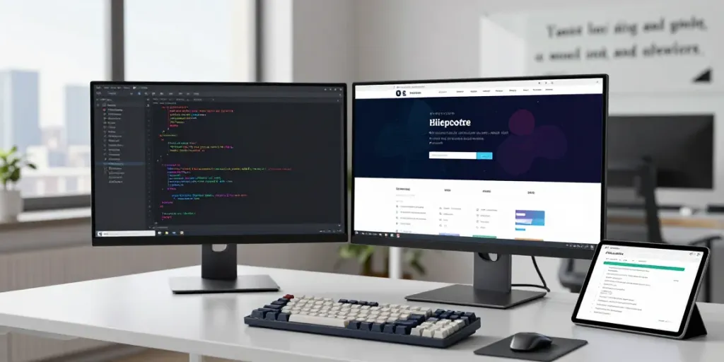 Developer coding on dual monitors, showcasing instant indexing tools in a modern office.