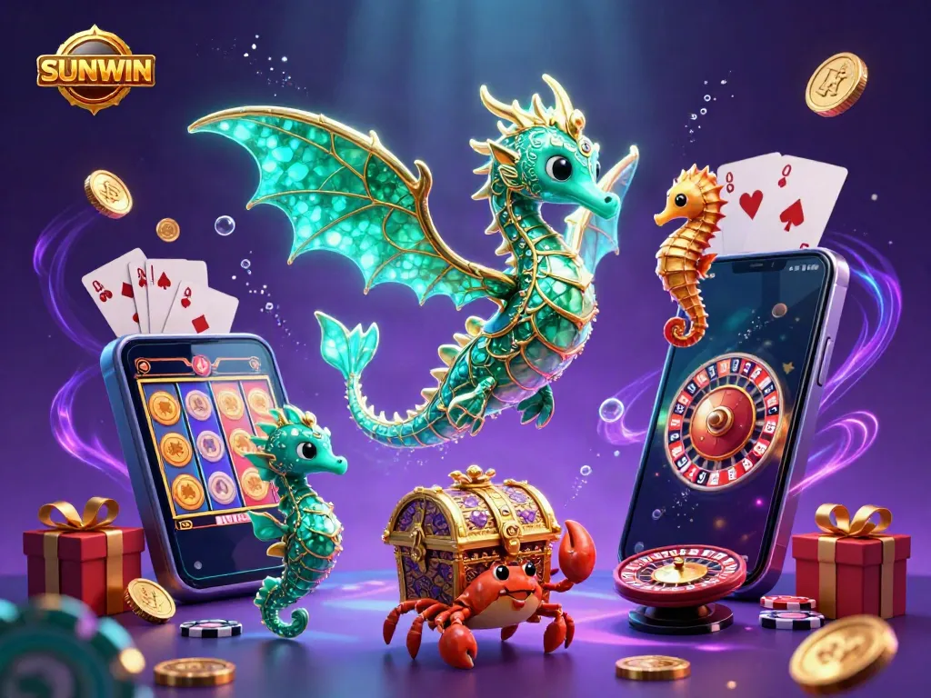 SUNWIN presents a vibrant 3D scene showcasing an emerald sea dragon amid casino elements like playing cards and golden coins.