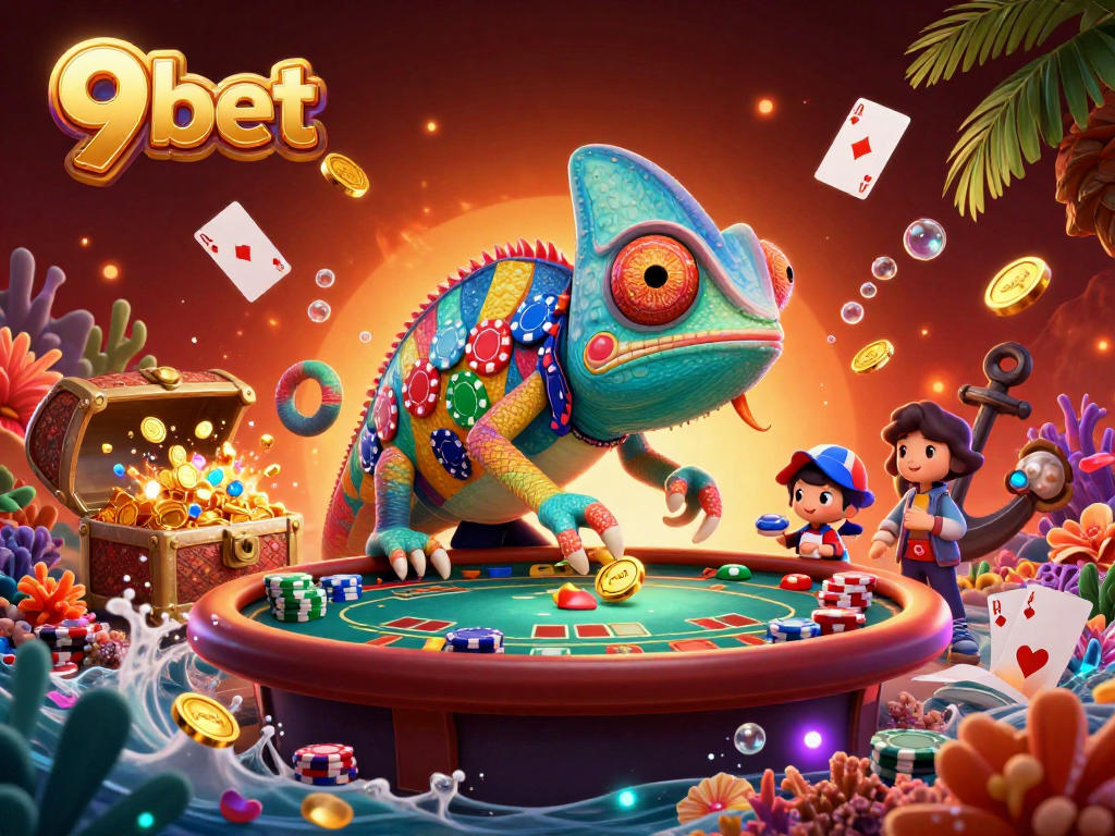 Engage with exciting casino play at 9bet, featuring a colorful chameleon owner surrounded by poker elements.