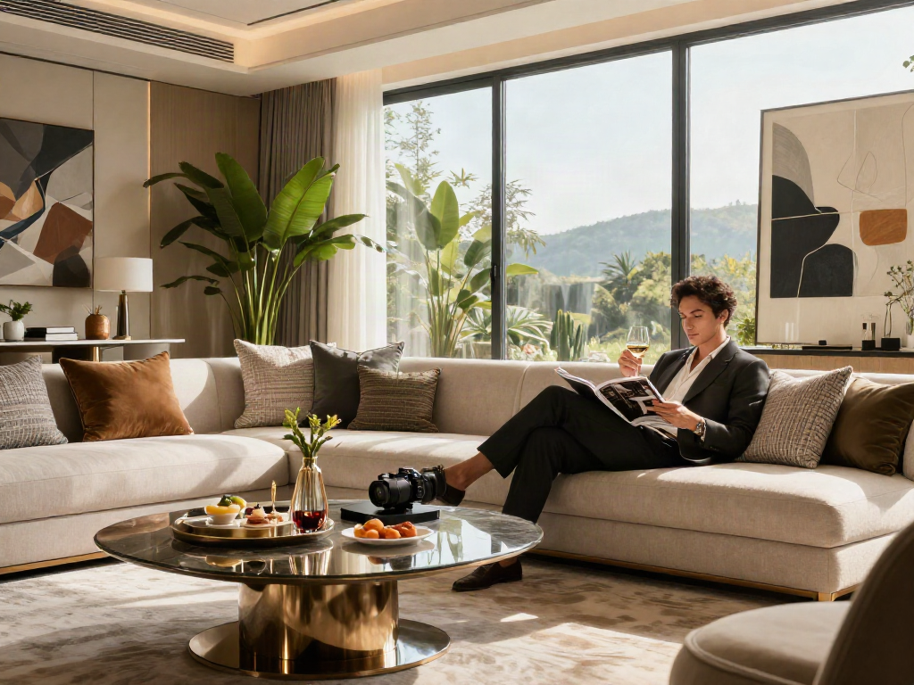 Gaya hidup mewah luxury111 dengan individu santai di ruang tamu modern yang elegan.