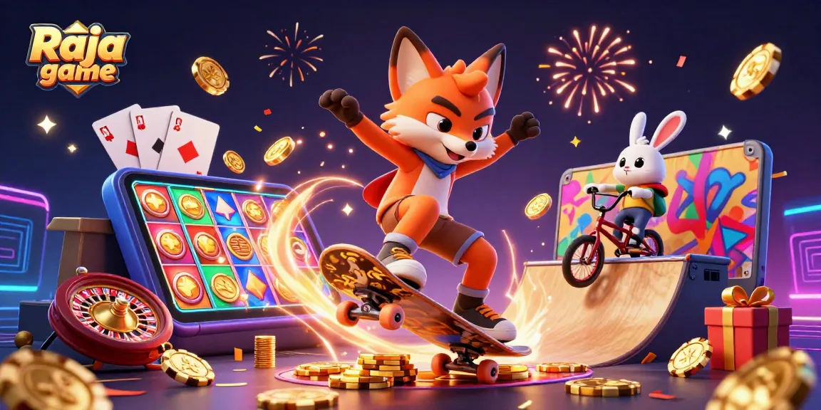 Engaging illustration showcasing Raja game, featuring a skateboarder fox and BMX rabbit in vibrant casino-themed action.