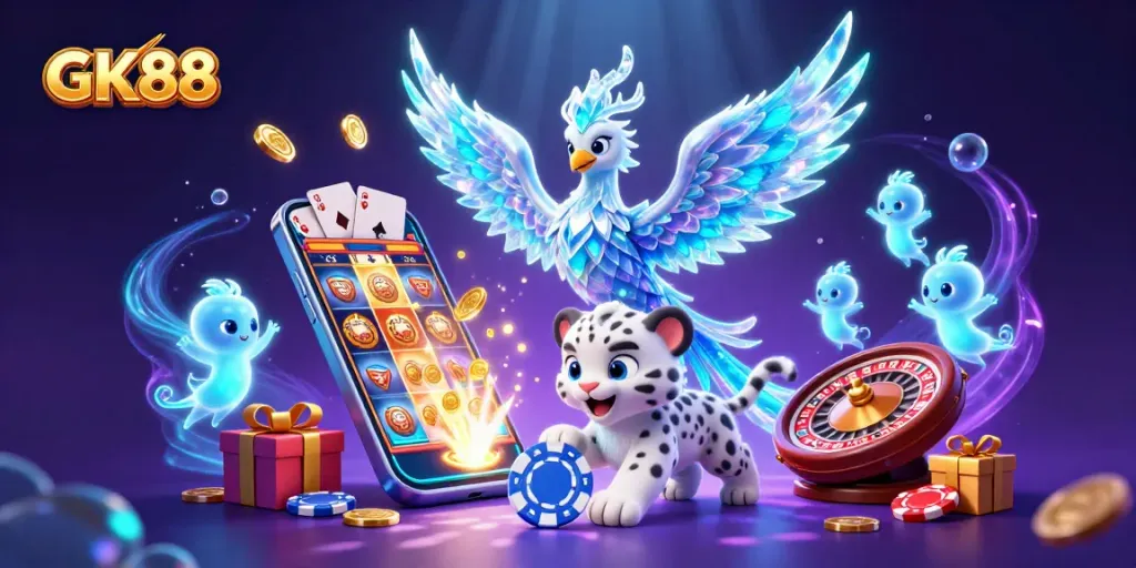 Spin the reels in GK88's colorful casino adventure featuring characters and vibrant game elements.