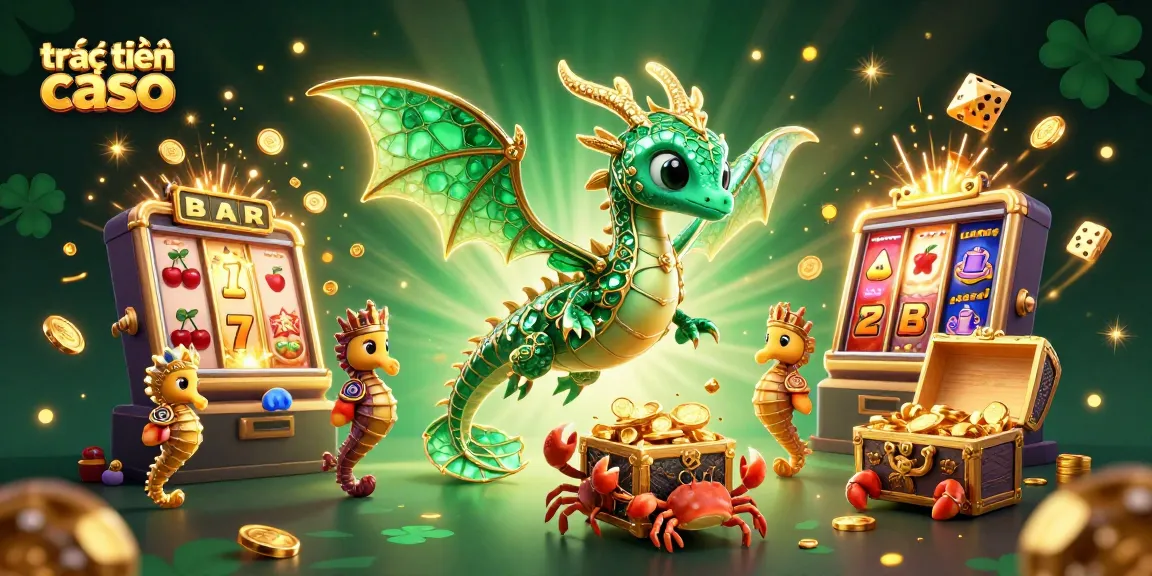 Trực tuyến casino với rồng biển, máy slot nổ tiền, và nhiều biểu tượng may mắn.