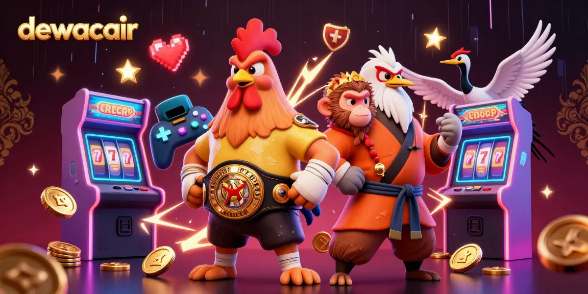 Dewacair casino scene with vibrant cartoon characters and slot elements in an energetic atmosphere.