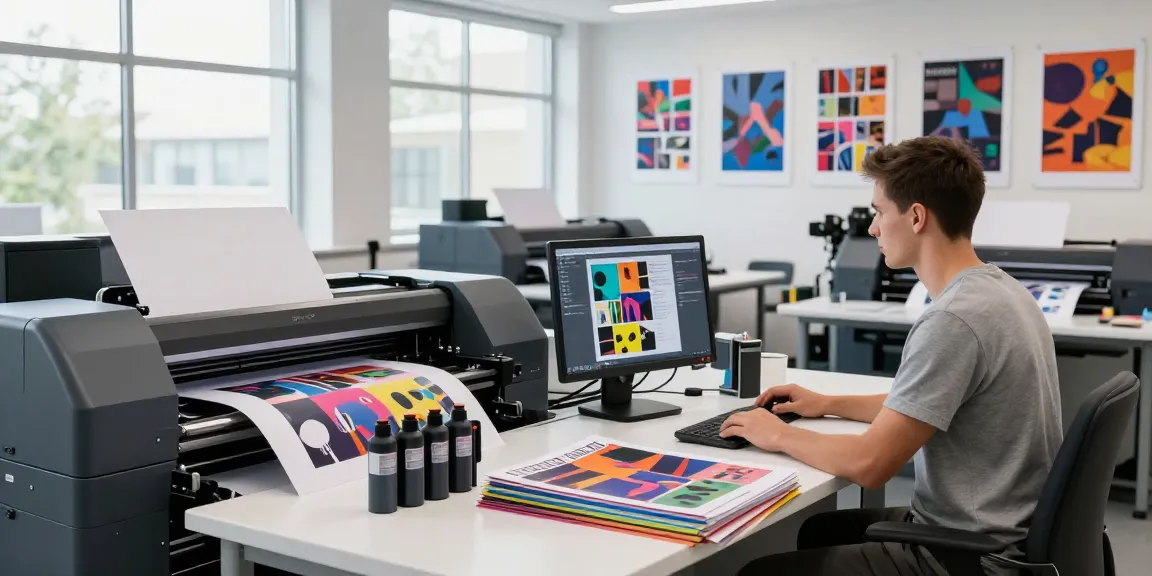 Technician operating poster printer machines in a vibrant workshop, showcasing colorful printing capabilities.