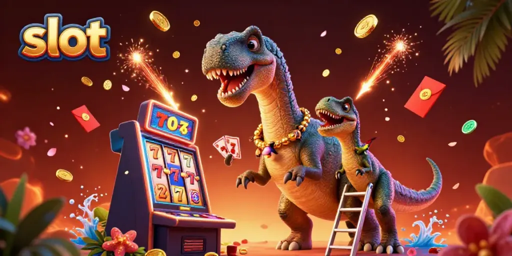 Experience thrilling slot gameplay as a brontosaurus towers over vibrant slot machines in a colorful casino.