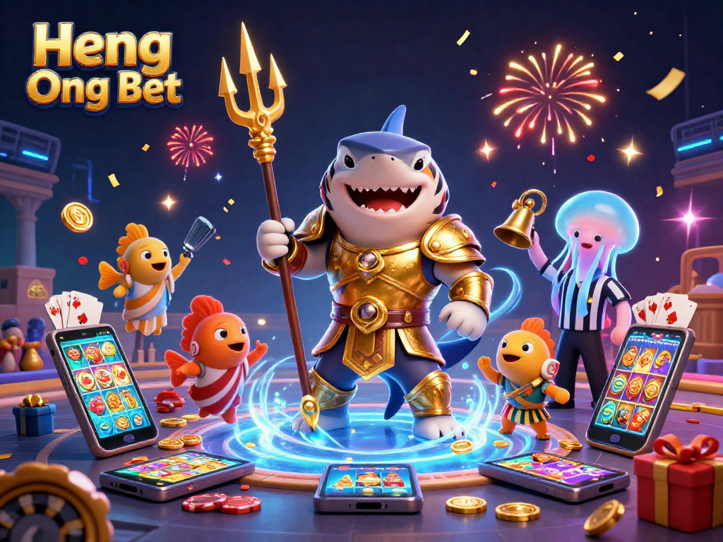 The illustration showcases Heng Ong Bet's exciting underwater casino scene with a majestic tiger shark in gladiator armor.