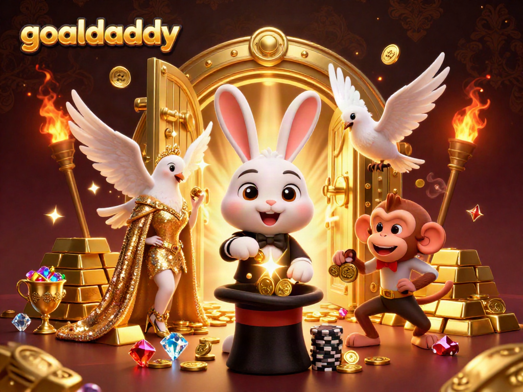 Watch goaldaddy's thrilling gambling scene with magic and treasure in an engaging 3D illustration.