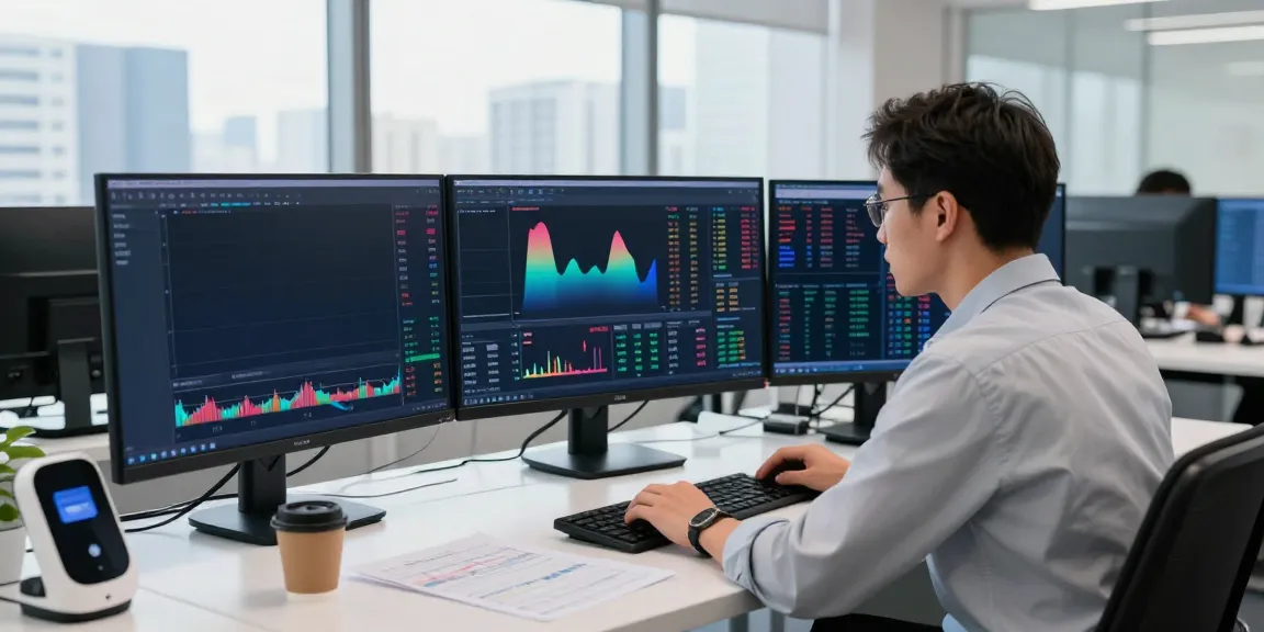 Trader engaging with MetaTrader 5 platform in a modern office filled with financial data.