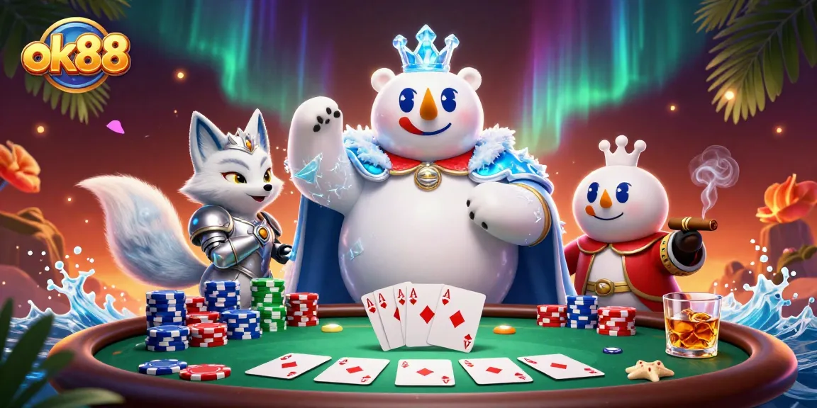 Experience the thrill of poker at ok88, featuring an ice king polar bear and a silver-armored snow fox.