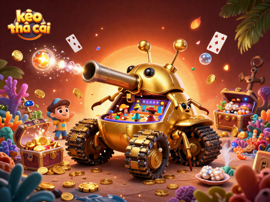 Engage with kèo nhà cái in a vibrant 3D casino scene featuring a golden beetle tank and interactive elements.