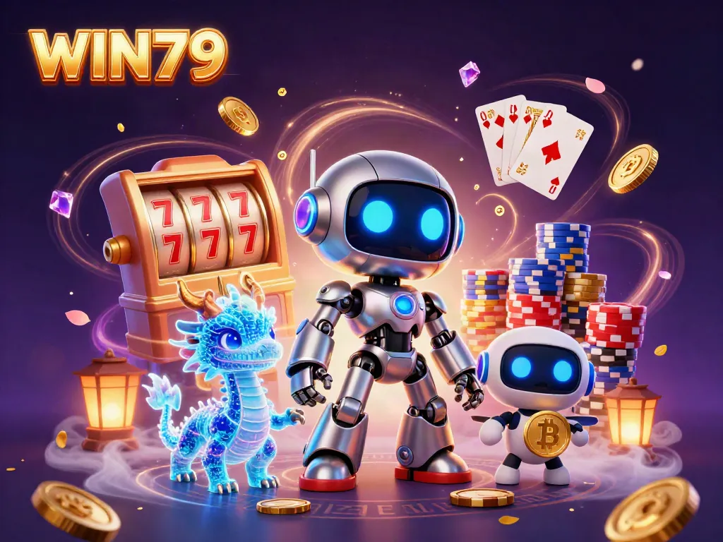 Engage with the thrilling WIN79 casino atmosphere featuring vibrant characters and slot machines.