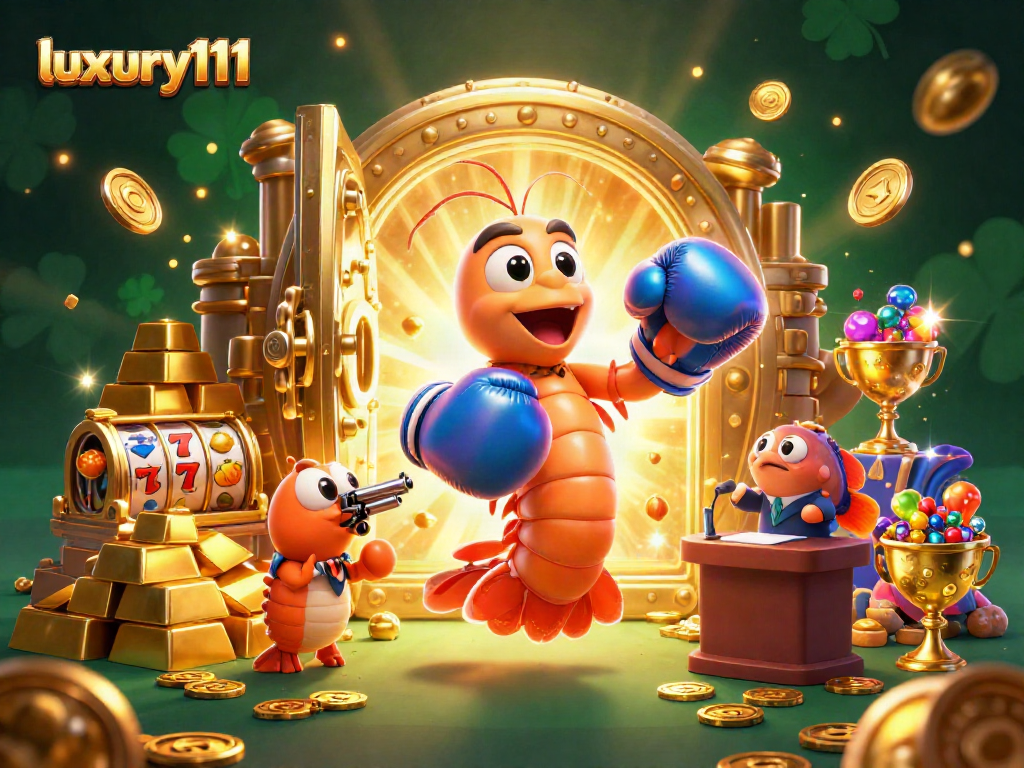 Engage with luxury111 slots in a vibrant casino scene featuring shrimp fighters and treasure.
