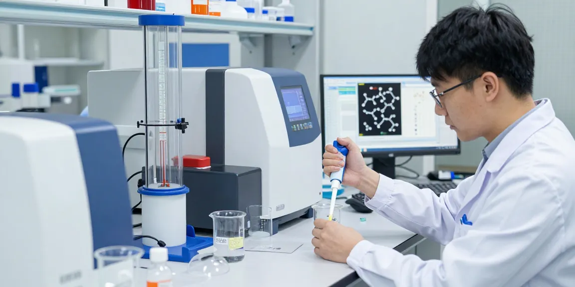 Research peptide supplier in a lab setting with scientists measuring peptide samples and analyzing data.