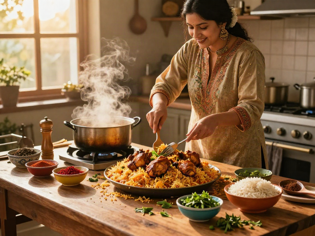 Delicious Quick and Easy Recipe for biryani being prepared in a warm kitchen with fresh ingredients.