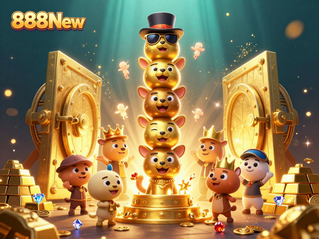 Experience the vibrant magic of 888New with treasure-filled scenes and cartoon totem characters.