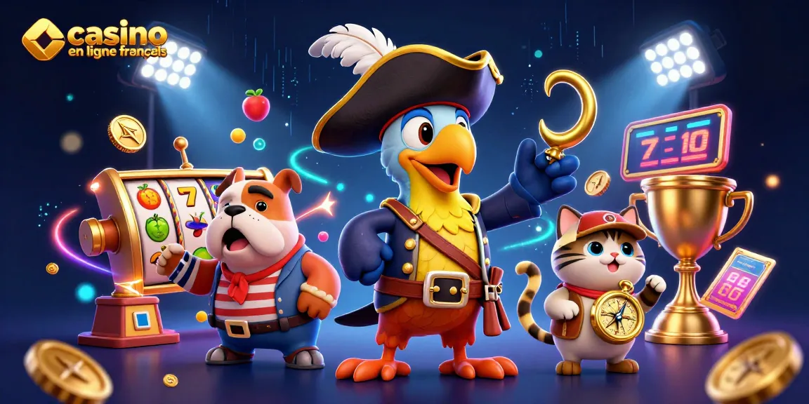 Animer une scène dynamique de jeux de casino en ligne français avec des symboles de machines à sous, des pièces d'or et des personnages inspirants.