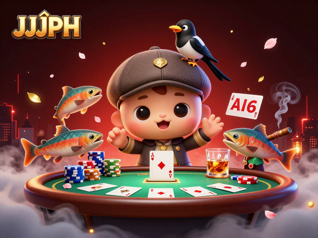 Experience the excitement of JJJPH Poker with cute 3D characters and vibrant casino elements.