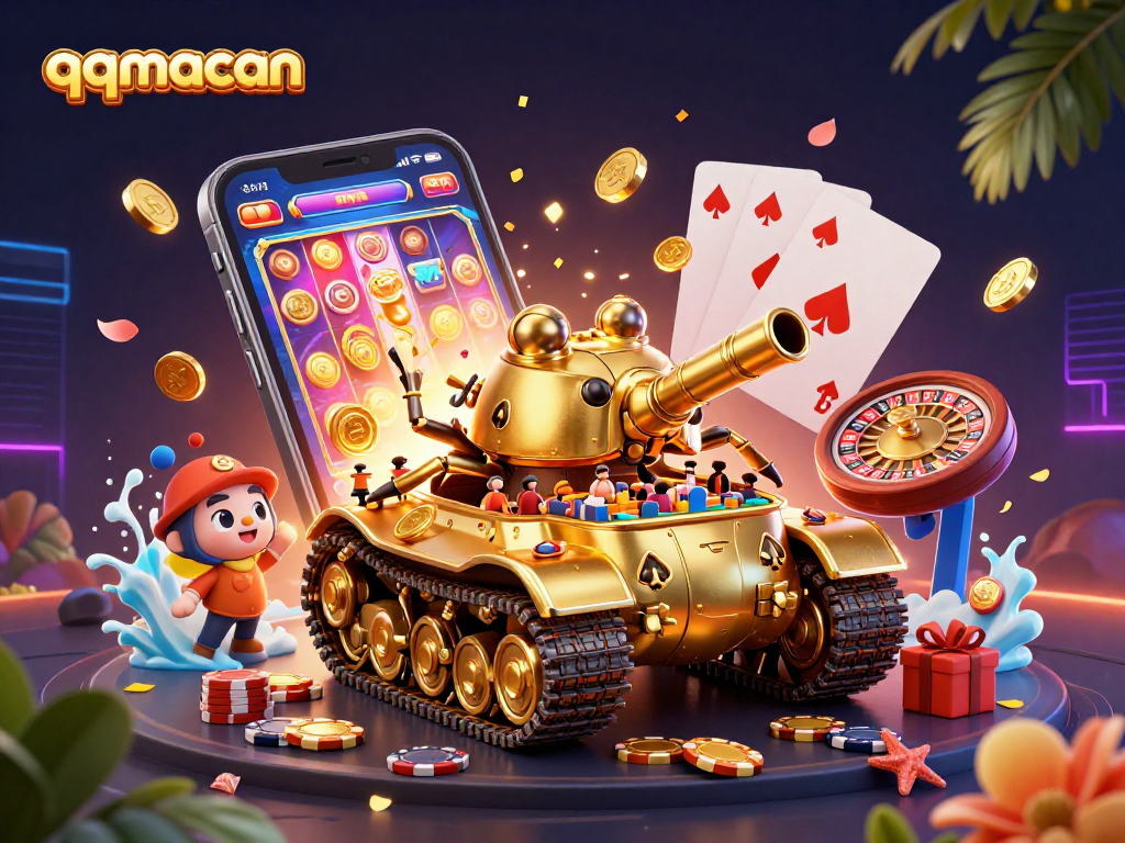 Spin to win with qqmacan in a vibrant 3D casino scene packed with games and golden surprises.
