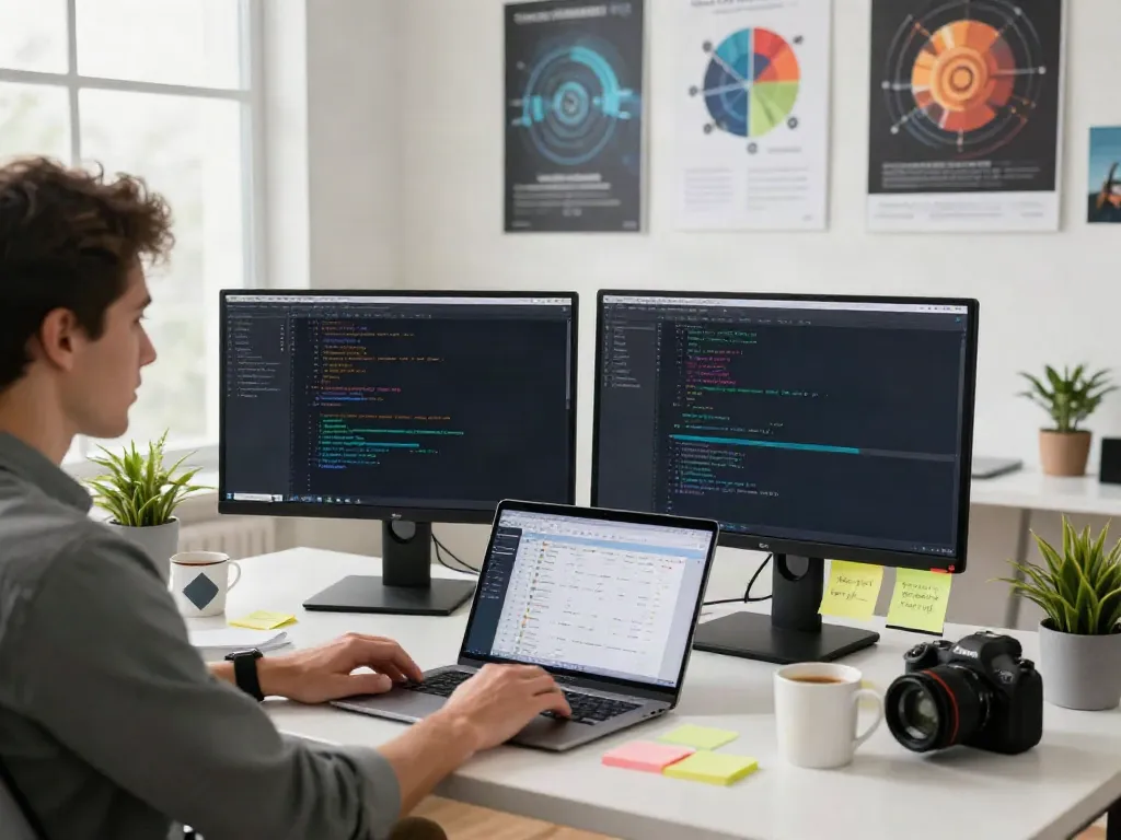 Dynamic workspace featuring innovative digital tools and coding interfaces, showcasing the essence of insanony.