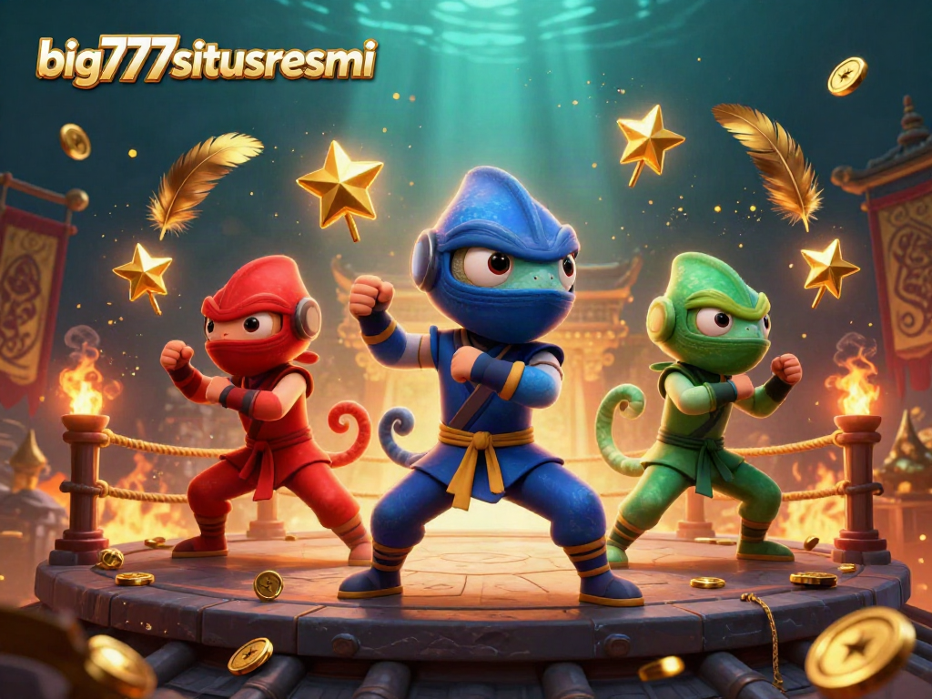 Engage with big777situsresmi's thrilling scene featuring chameleon ninjas showcasing martial arts in a vibrant casino setting.
