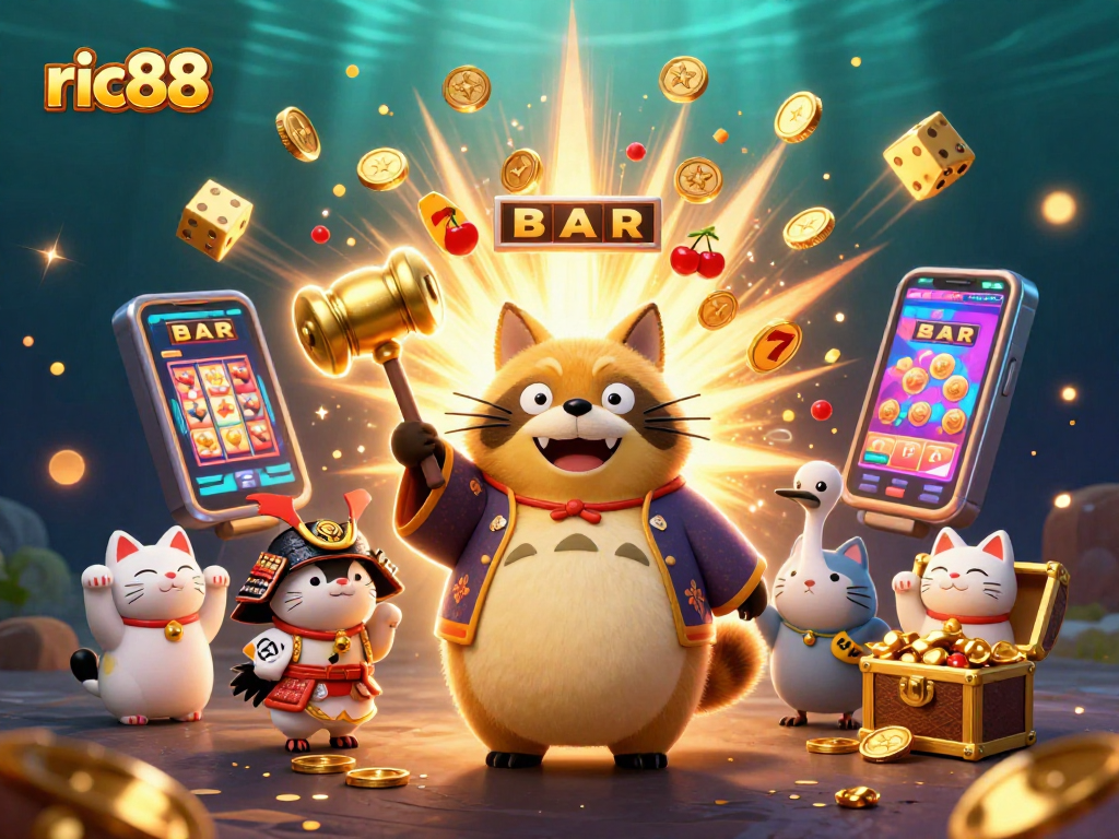 Spin to win in ric88's vibrant casino scene featuring joyful characters and rich game elements.