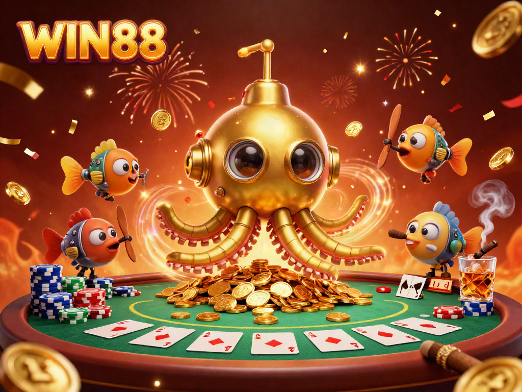 Experience gaming excitement with WIN88, featuring dynamic poker elements and a kraken submarine.