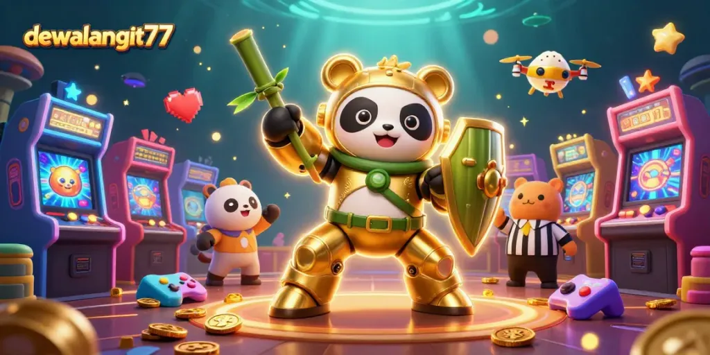 Mengalami keseruan bermain di dewalangit77 dengan panda emas dan robot bertema kasino di arena.