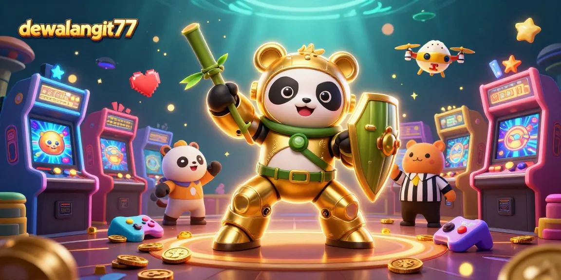 Mengalami keseruan bermain di dewalangit77 dengan panda emas dan robot bertema kasino di arena.