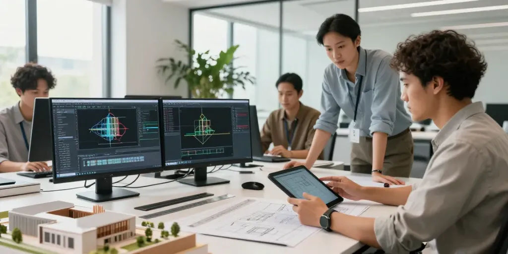 Collaborative team performing archicad drafting services in a modern workspace.