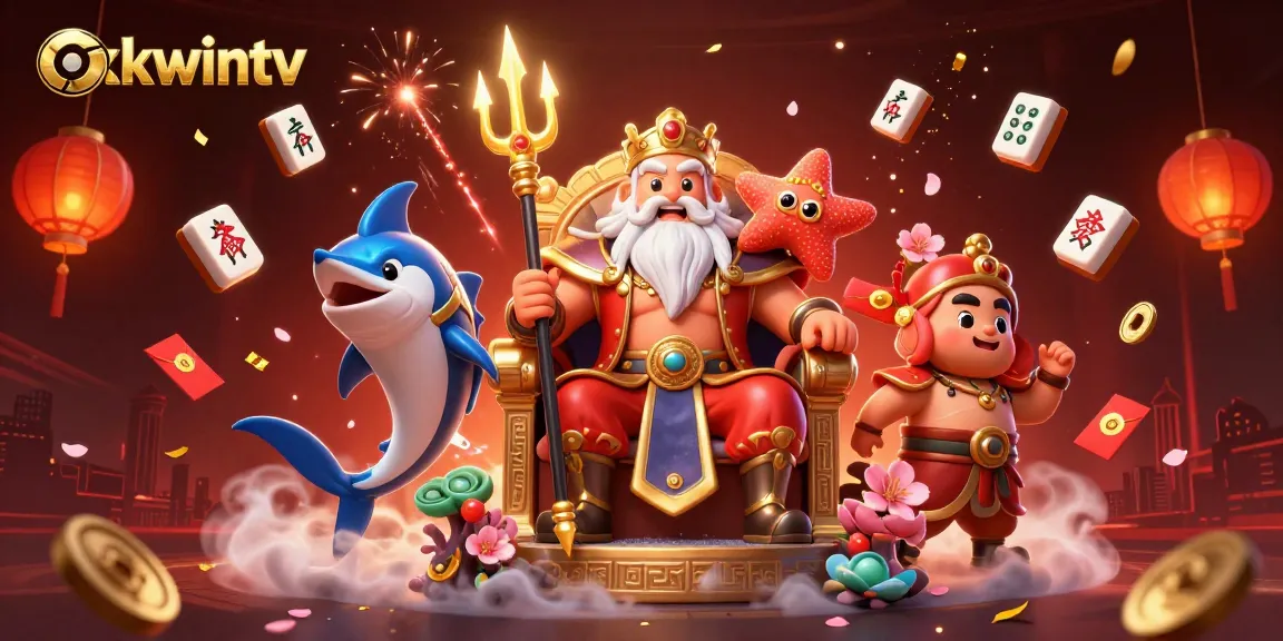 Engage with the thrilling world of okwintv, featuring a majestic Neptune with gaming elements amidst festive visuals.