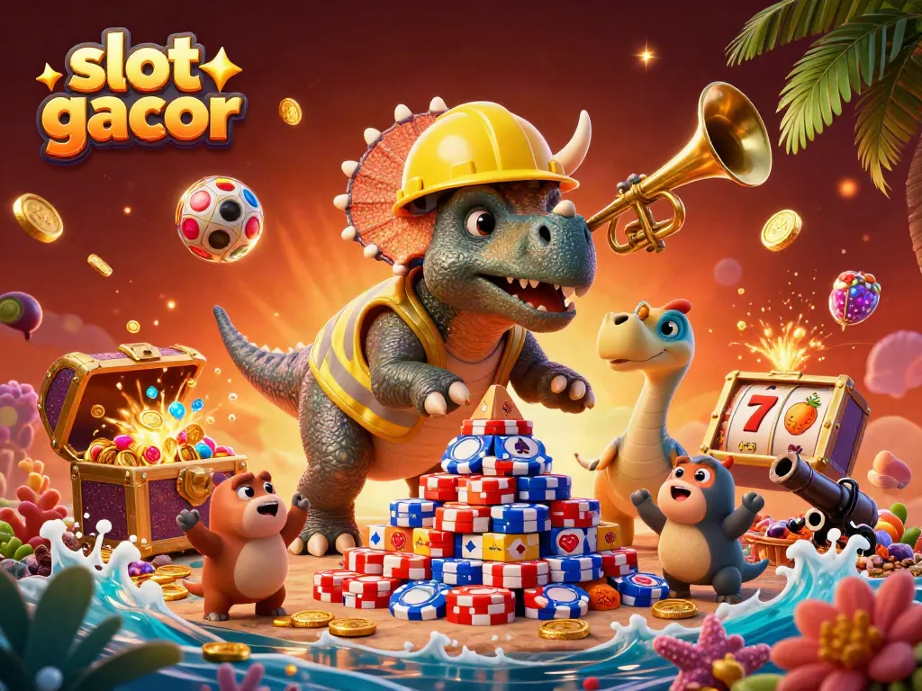 Experience fun with slot gacor in an exciting 3D scene featuring colorful characters and vibrant casino elements.