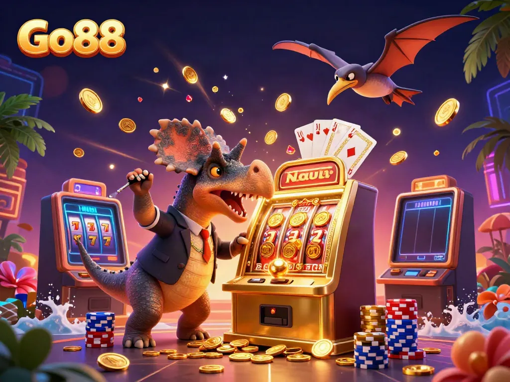 Go88 offers excitement as a pachycephalosaurus wins jackpots, captured in vibrant 3D illustration.