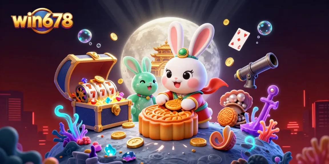 Win678 captures thrilling casino gameplay with a magical moon rabbit, gold coins, and lucky slots.